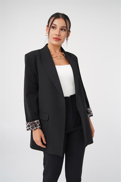 Leopar Astarlı Siyah Blazer Ceket