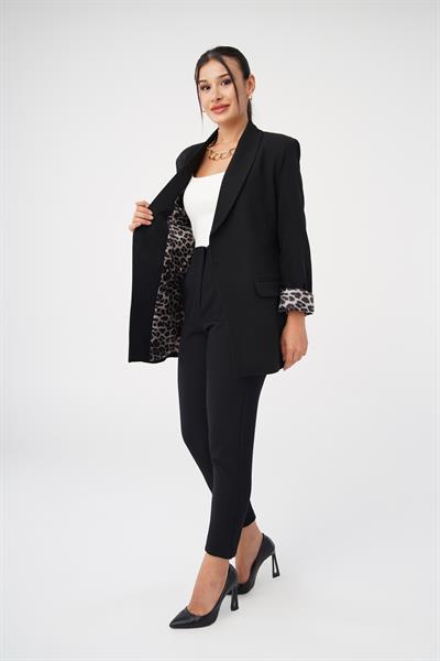 Leopar Astarlı Siyah Blazer Ceket