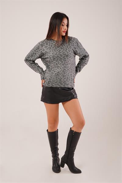 Leopar Baskı Desen Antrasit  Triko Kazak