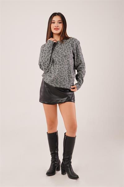 Leopar Baskı Desen Antrasit  Triko Kazak