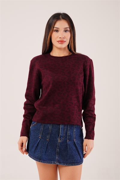 Leopar Baskı Desen Bordo Triko Kazak