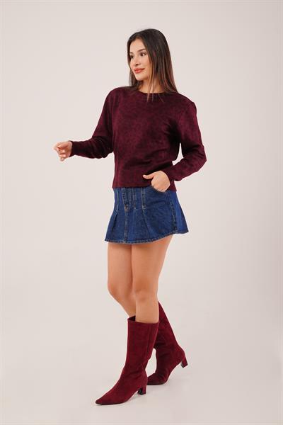 Leopar Baskı Desen Bordo Triko Kazak