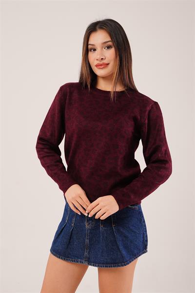 Leopar Baskı Desen Bordo Triko Kazak