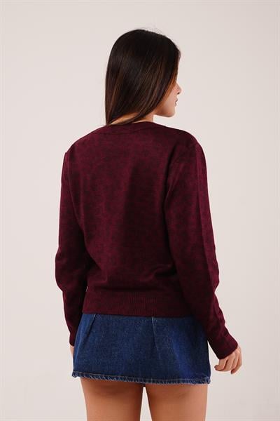 Leopar Baskı Desen Bordo Triko Kazak