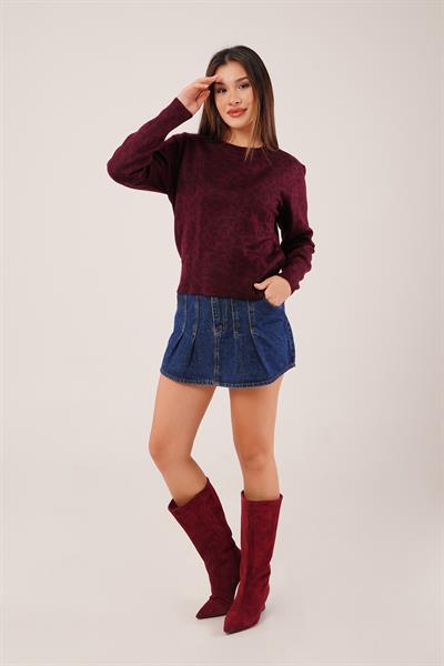 Leopar Baskı Desen Bordo Triko Kazak