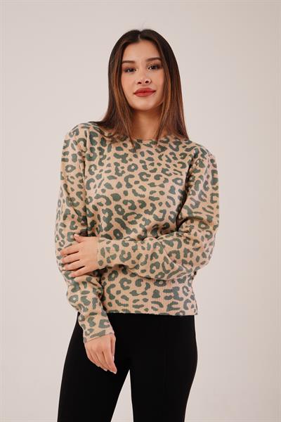 Leopar Baskı Desen Camel Triko Kazak