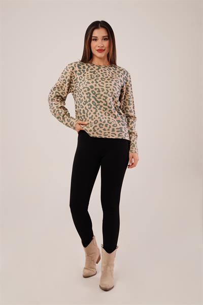 Leopar Baskı Desen Camel Triko Kazak