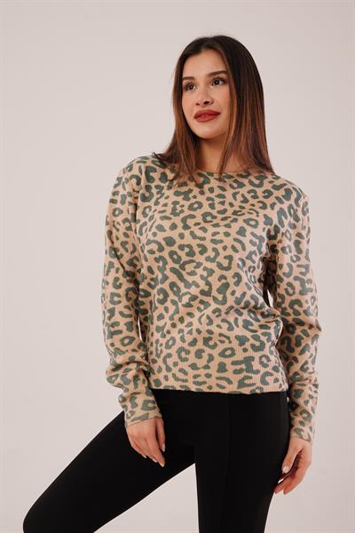 Leopar Baskı Desen Camel Triko Kazak