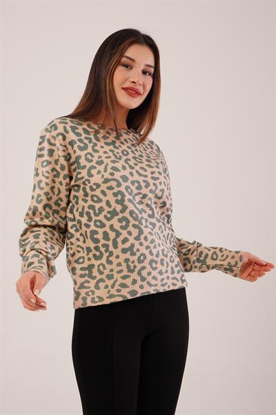 Leopar Baskı Desen Camel Triko Kazak