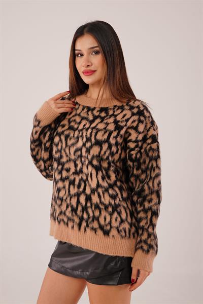 Leopar Desen Bisiklet Yaka Triko Kazak