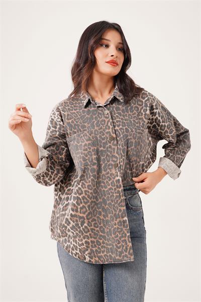 Leopar Desen Cepli Gabardin Gömlek Ceket