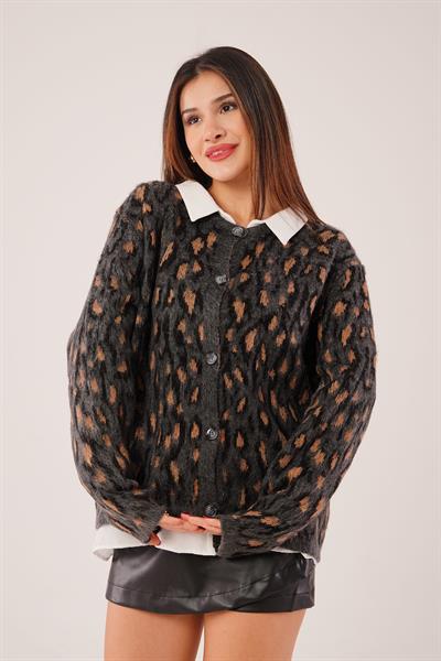 Leopar Desen Düğmeli Camel Triko Hırka