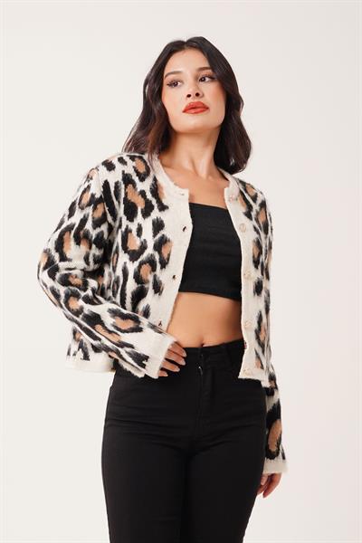 Leopar Desen Düğmeli Triko Hırka