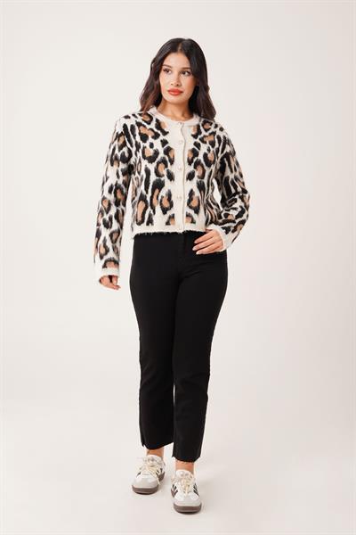Leopar Desen Düğmeli Triko Hırka
