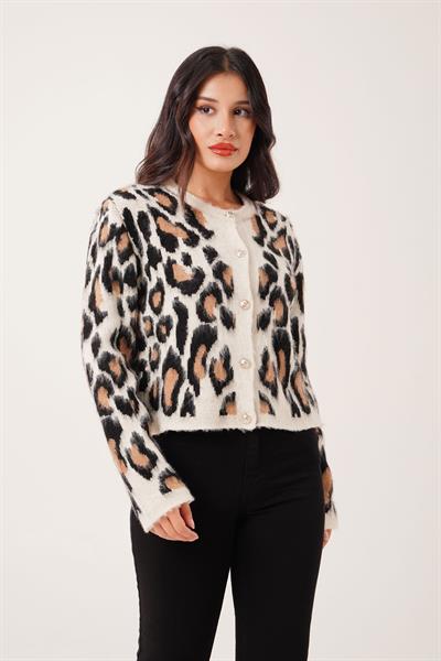 Leopar Desen Düğmeli Triko Hırka