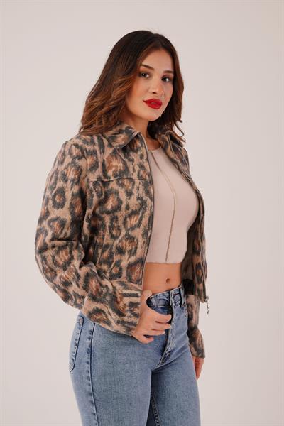 Leopar Desen Camel Fermuarlı Bomber Ceket