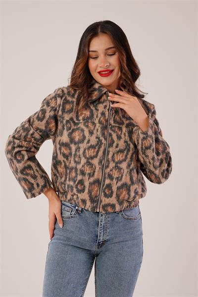 Leopar Desen Camel Fermuarlı Bomber Ceket