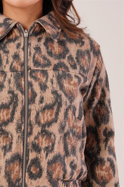 Leopar Desen Camel Fermuarlı Bomber Ceket