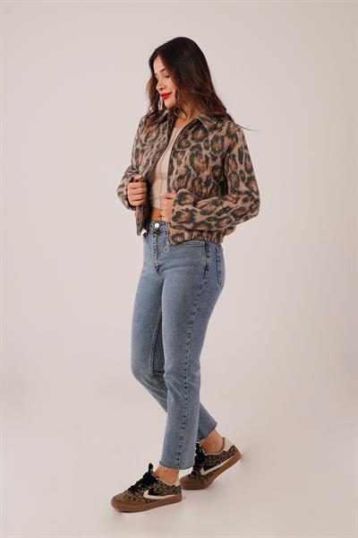 Leopar Desen Camel Fermuarlı Bomber Ceket