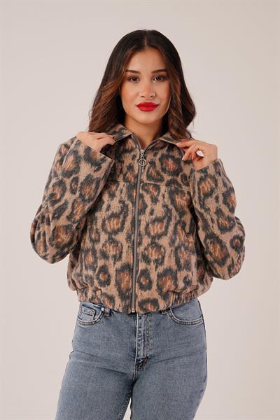 Leopar Desen Camel Fermuarlı Bomber Ceket