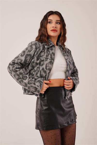 Leopar Desen Gri Fermuarlı Bomber Ceket