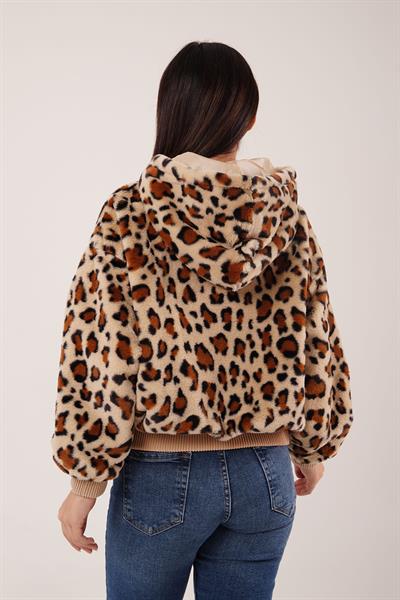 Leopar Desen Kapüşonlu Peluş Mont