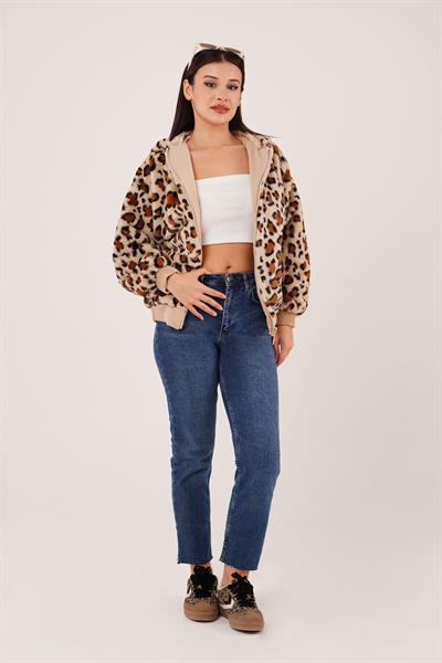Leopar Desen Kapüşonlu Peluş Mont