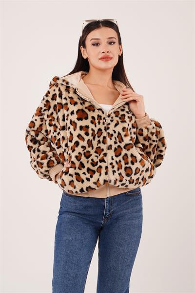 Leopar Desen Kapüşonlu Peluş Mont