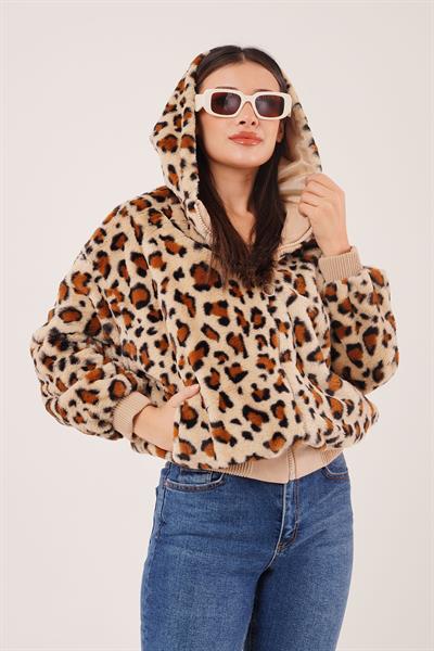 Leopar Desen Kapüşonlu Peluş Mont