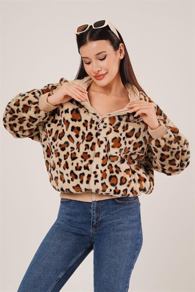 Leopar Desen Kapüşonlu Peluş Mont