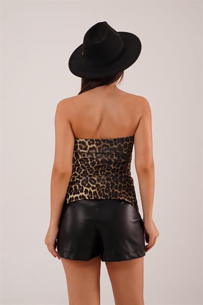 Leopar Desen Straplez Streç Bluz