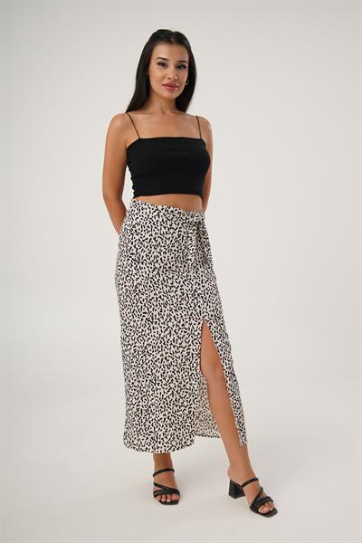 Leopar Desen Yandan Bağlamalı Etek