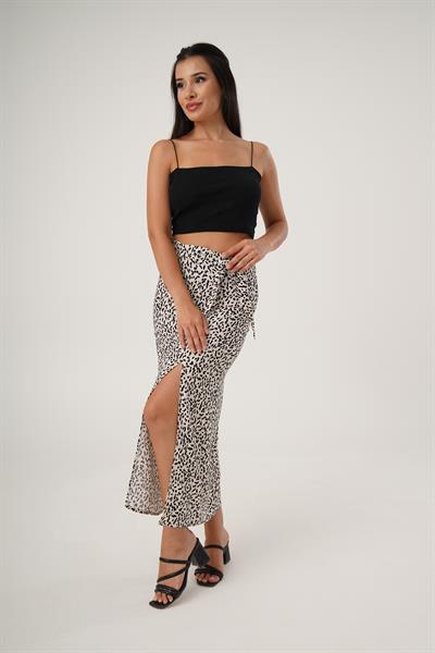 Leopar Desen Yandan Bağlamalı Etek