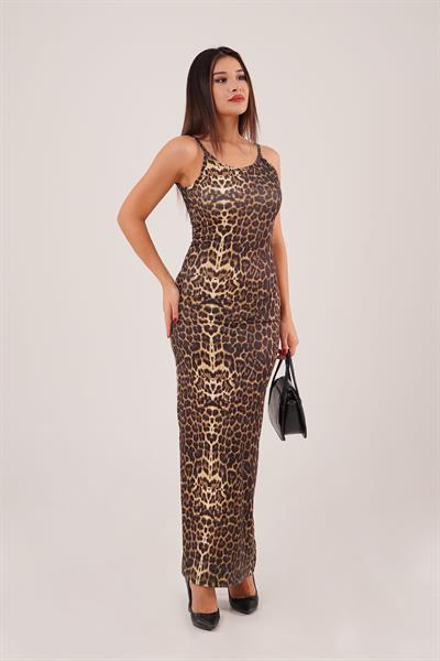 Leopar Desenli İnce Askılı Uzun Elbise