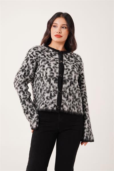Sakallı Leopar Model Gri Triko Hırka