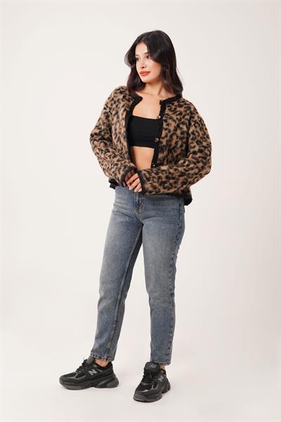 Sakallı Leopar Model Camel Triko Hırka