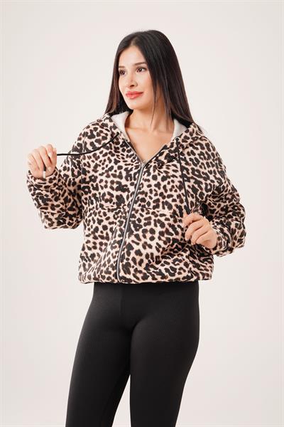 Kapüşonlu Leopar Desenli Fermuarlı Hırka
