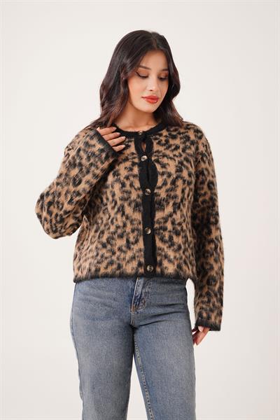 Sakallı Leopar Model Camel Triko Hırka