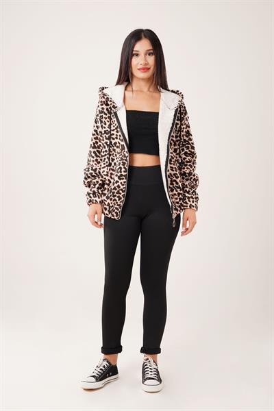 Kapüşonlu Leopar Desenli Fermuarlı Hırka