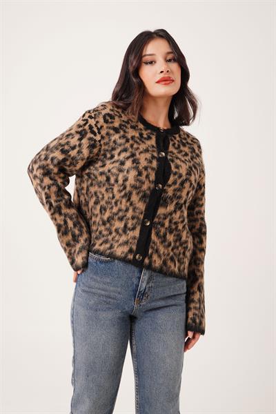 Sakallı Leopar Model Camel Triko Hırka