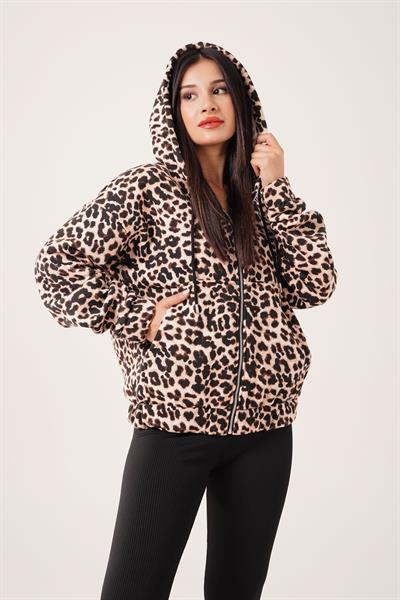 Kapüşonlu Leopar Desenli Fermuarlı Hırka