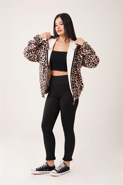 Kapüşonlu Leopar Desenli Fermuarlı Hırka