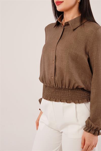 Bel ve Bilek Lastikli Kahverengi Bluz