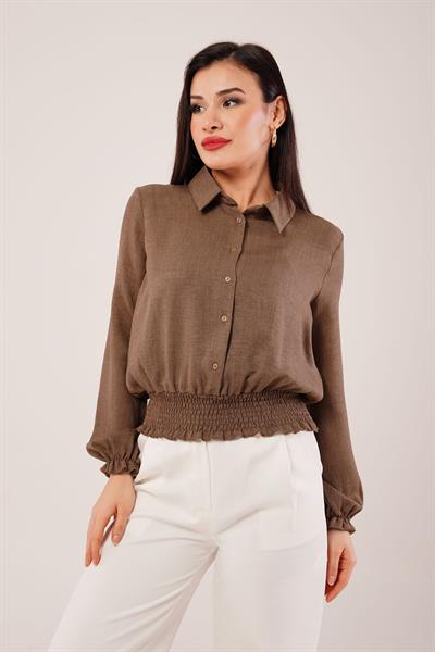 Bel ve Bilek Lastikli Kahverengi Bluz