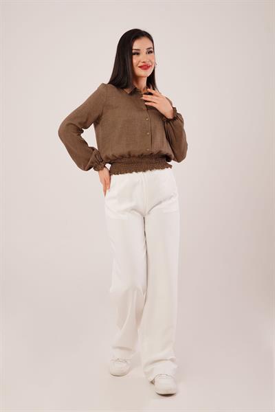 Bel ve Bilek Lastikli Kahverengi Bluz