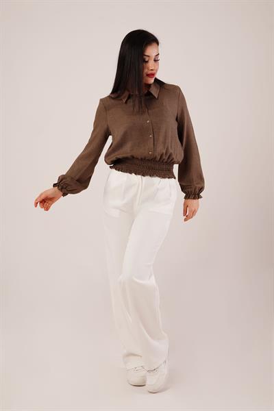 Bel ve Bilek Lastikli Kahverengi Bluz