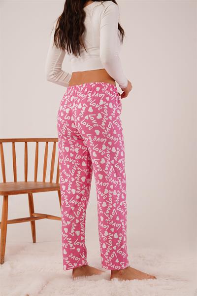 Love Baskılı Lastikli Pembe Süet Pijama Altı