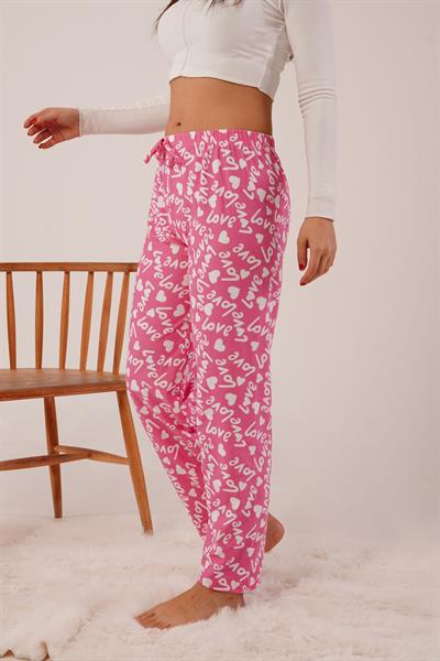Love Baskılı Lastikli Pembe Süet Pijama Altı