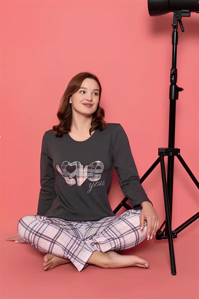 Love You Baskılı Antrasit Pijama Takımı