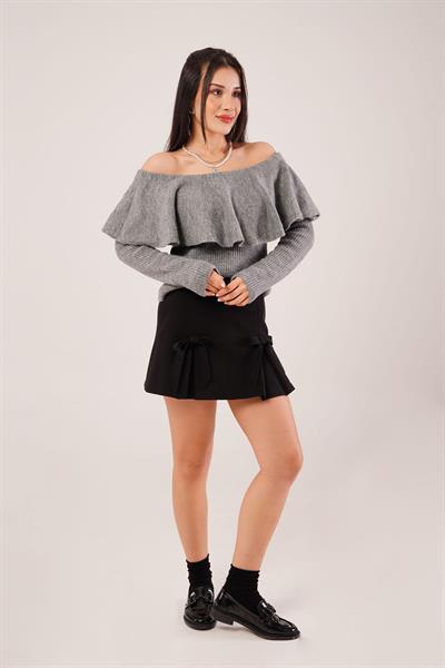 Madonna Yaka Volanlı Antrasit Triko Bluz